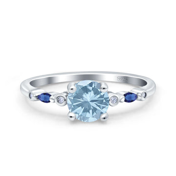 Vintage Style Round Bridal Wedding Ring Marquise Blue Sapphire Simulated Aquamarine CZ 925 Sterling Silver